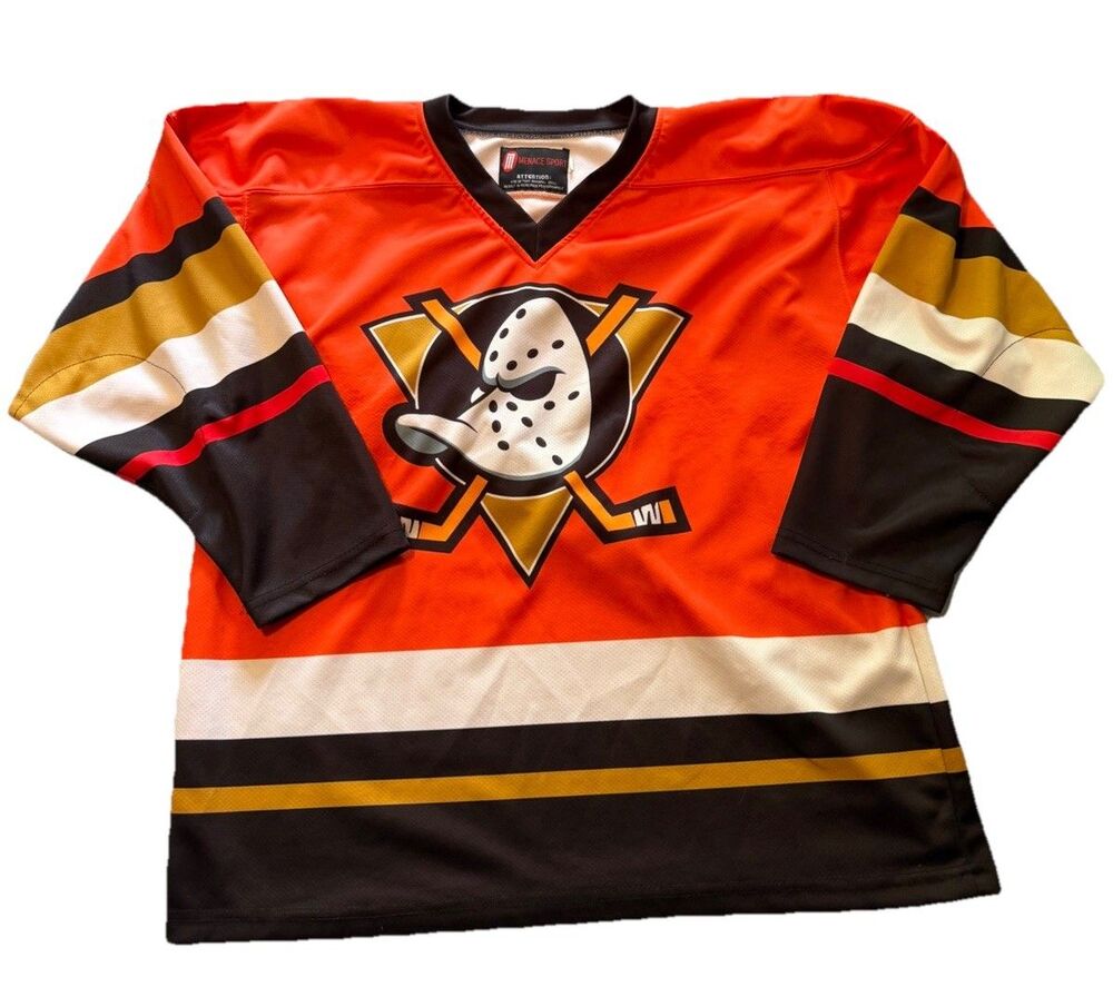 Menace Sport Mighty Ducks Theme Hockey Jersey Mens S #9 Orange Retro Streetwear